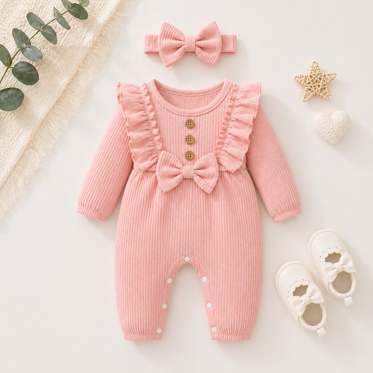 Baby Girl Ruffle Romper Set – Long Sleeve Outfit with Headband