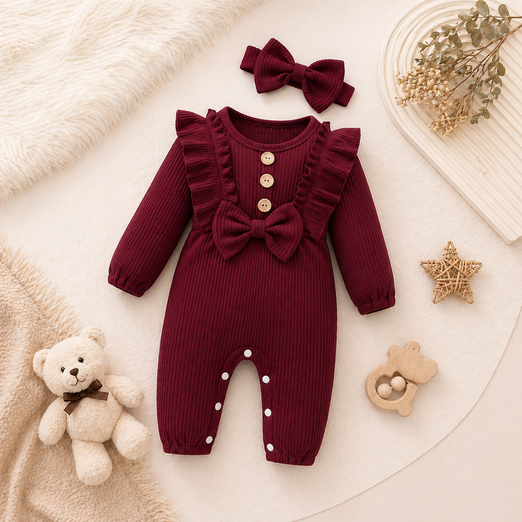 Baby Girl Ruffle Romper Set – Long Sleeve Outfit with Headband