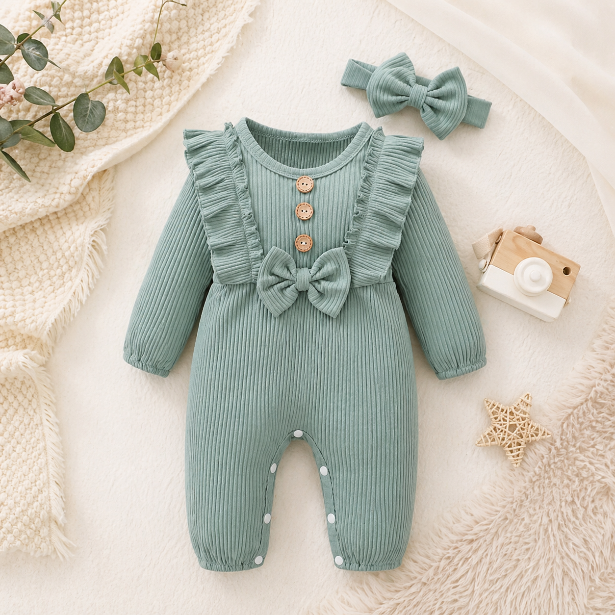 Baby Girl Ruffle Romper Set – Long Sleeve Outfit with Headband