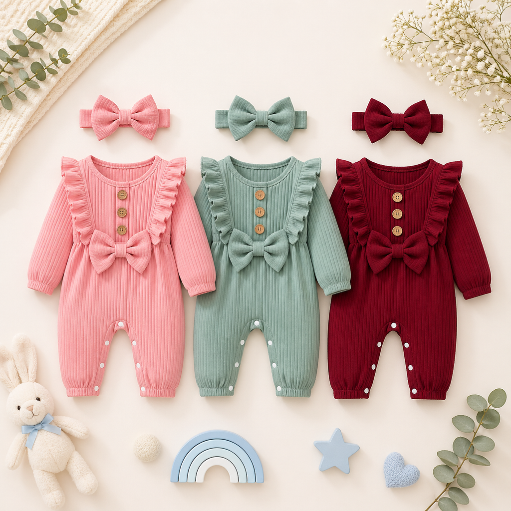 Baby Girl Ruffle Romper Set – Long Sleeve Outfit with Headband